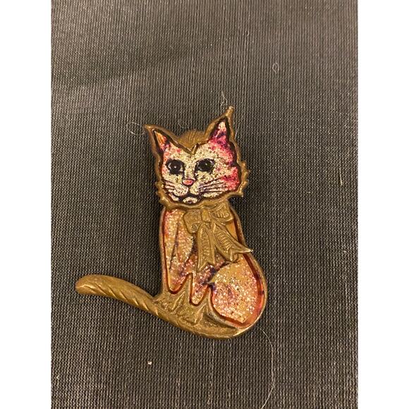 Unknown Jewelry - VTG Cat Booch Pin Badge w Moving Head Gold tone aluminum Glitter1.75 in. EUC